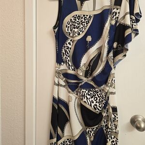 A.L.C. Navy, Cream & Black One-Shoulder Chain and Leopard Print Dress